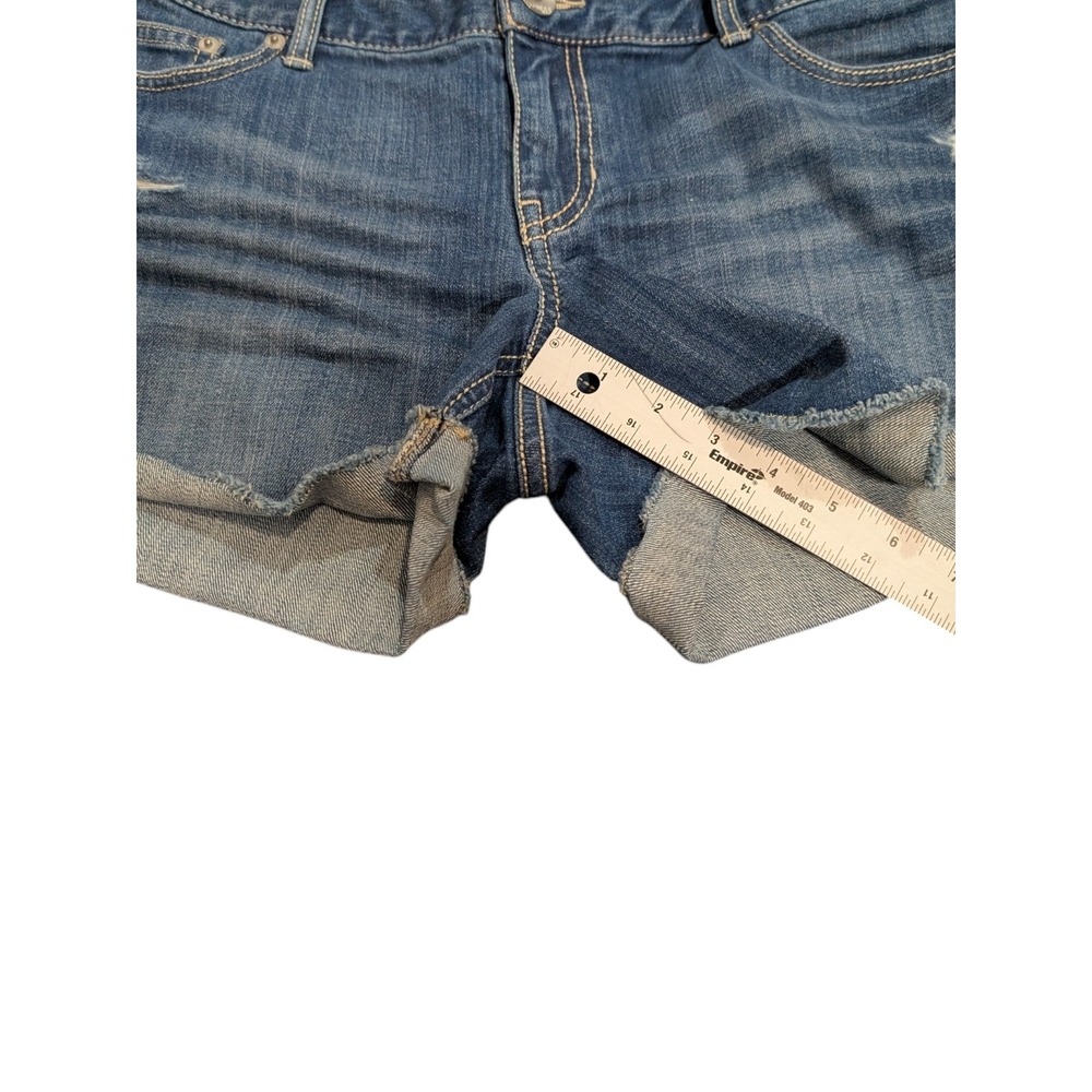 Express Denim Shorts Blue Low Rise Cuffed Distressed Embroidered Pockets Size 12 - Picture 7 of 7